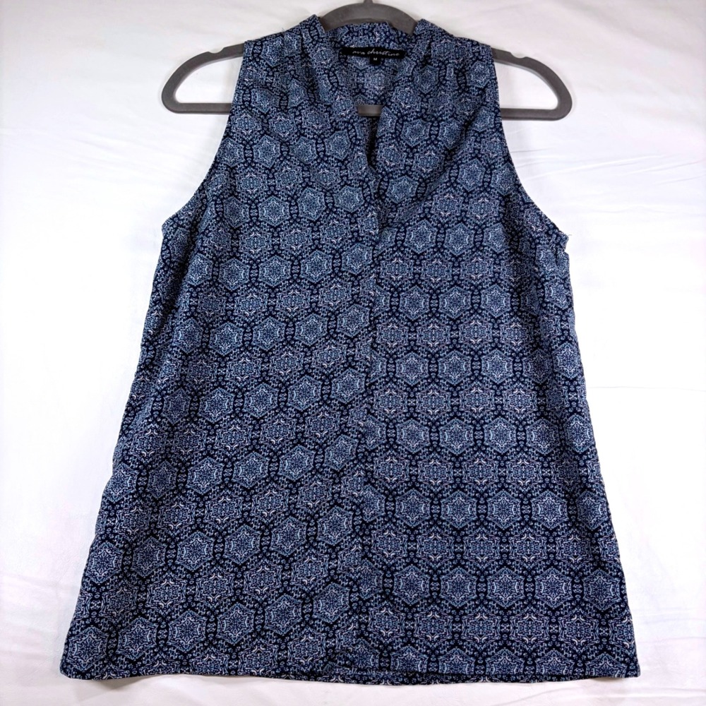 Ava Christine Blue & White Geometric Sleeveless Blouse Split Neck Top Navy M